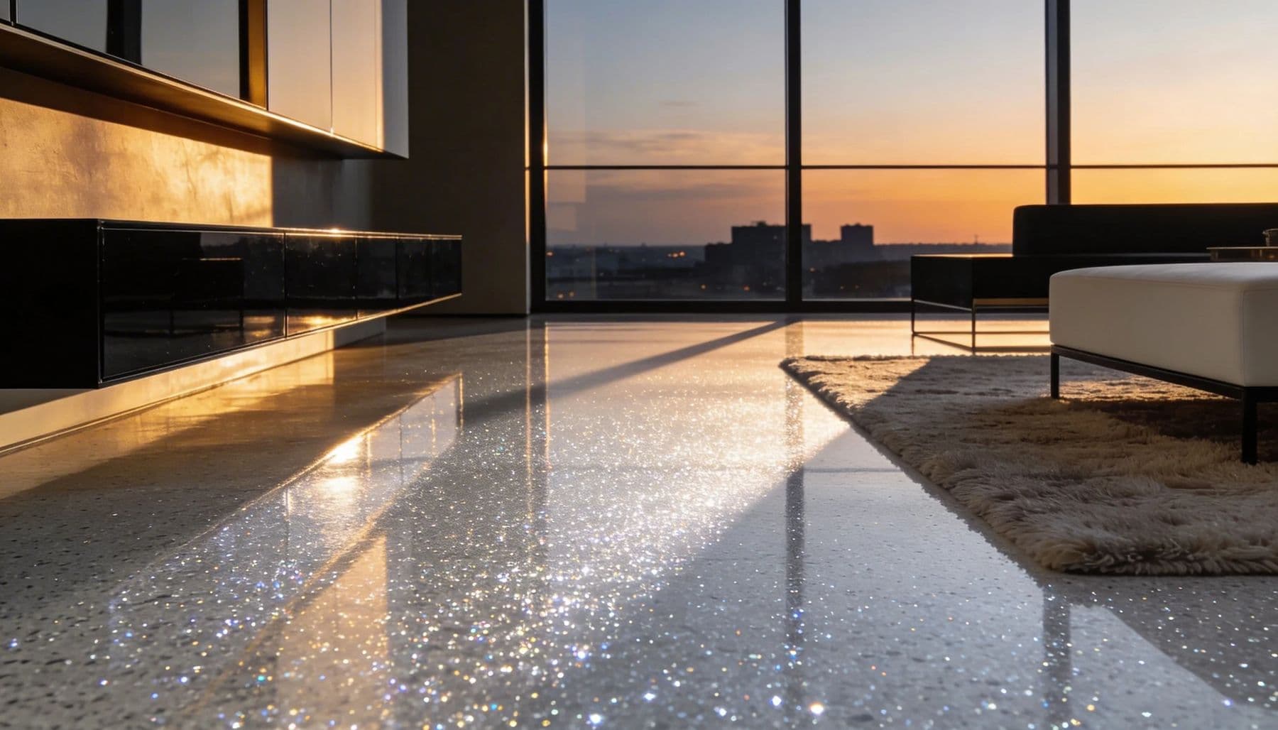 Seamless high-gloss coated floor in a modern living room at sunset